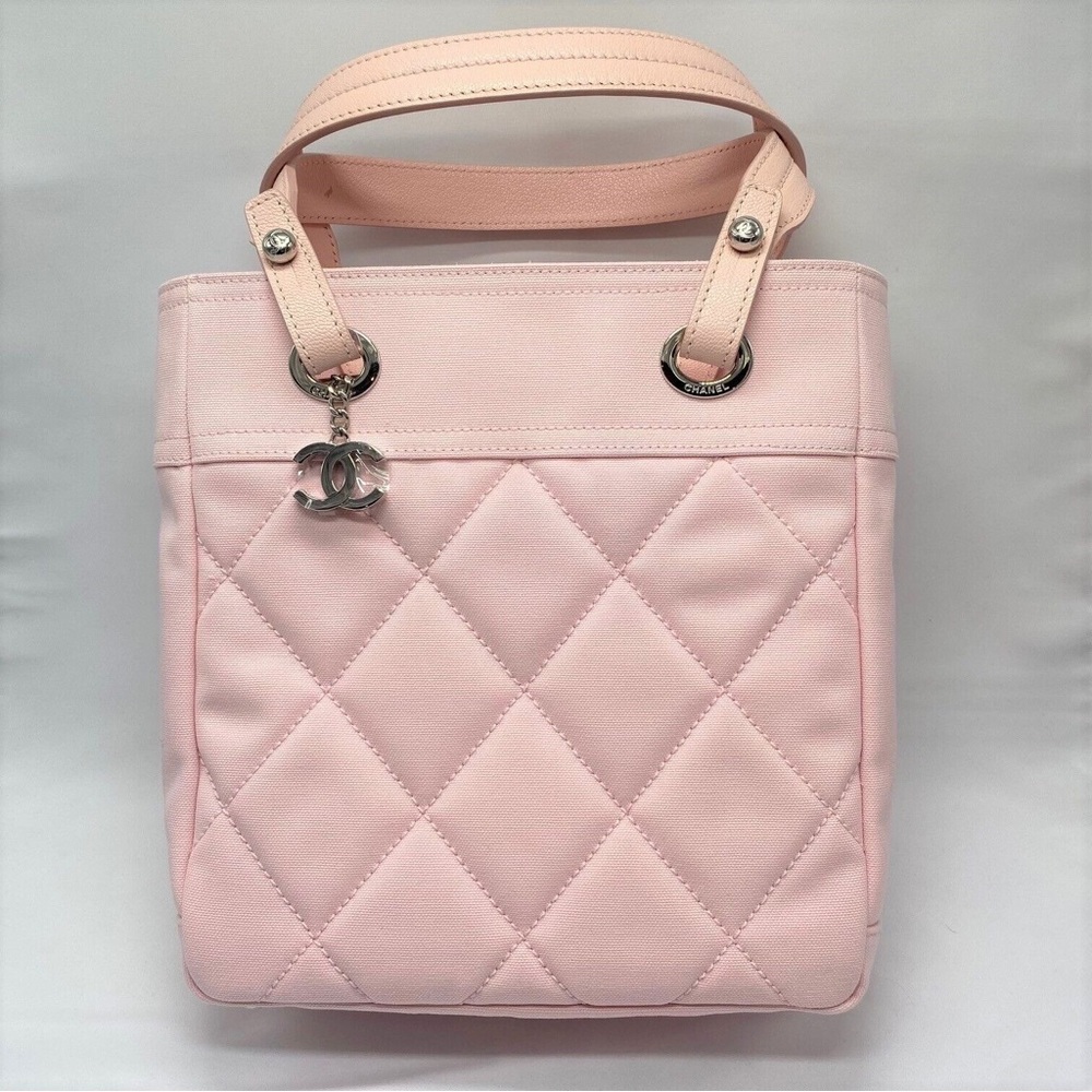 Chanel Pink Canvas Quilted Paris Biarritz Hand Bag with Silver Hardware - Picture 2 of 5